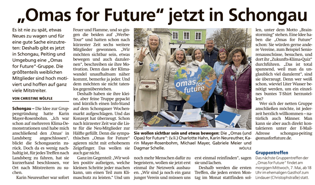 "Omas for Future jetzt in Schongau" So lautet die Überschrift eines Zeitungsartikels der Schongauer Nachrichten. Er ist als Foto in diesen Artikel eingebettet.