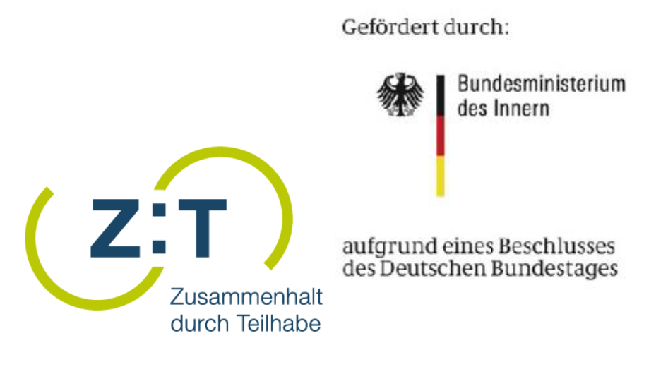 Links das Logo von Z:T (Zusammenhalt durch Teilhabe), rechts der Text "Gefördert durch: Bundesministerium des Innern aufgrund eines Beschlusses des Deutschen Bundestages" mit dem Logo des Ministeriums.