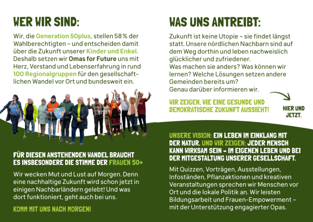 Imageflyer_Innen-Seiten©O4F Informationsflyer in deutscher Sprache mit Text über die Generation 50plus, die sich für eine gesunde, demokratische Zukunft einsetzt. Mit hervorgehobenen Schlagzeilen, einer Gruppe verschiedener älterer Erwachsener, die ihre Arme heben, und grünen Pfeilen, die wichtige Punkte hervorheben.