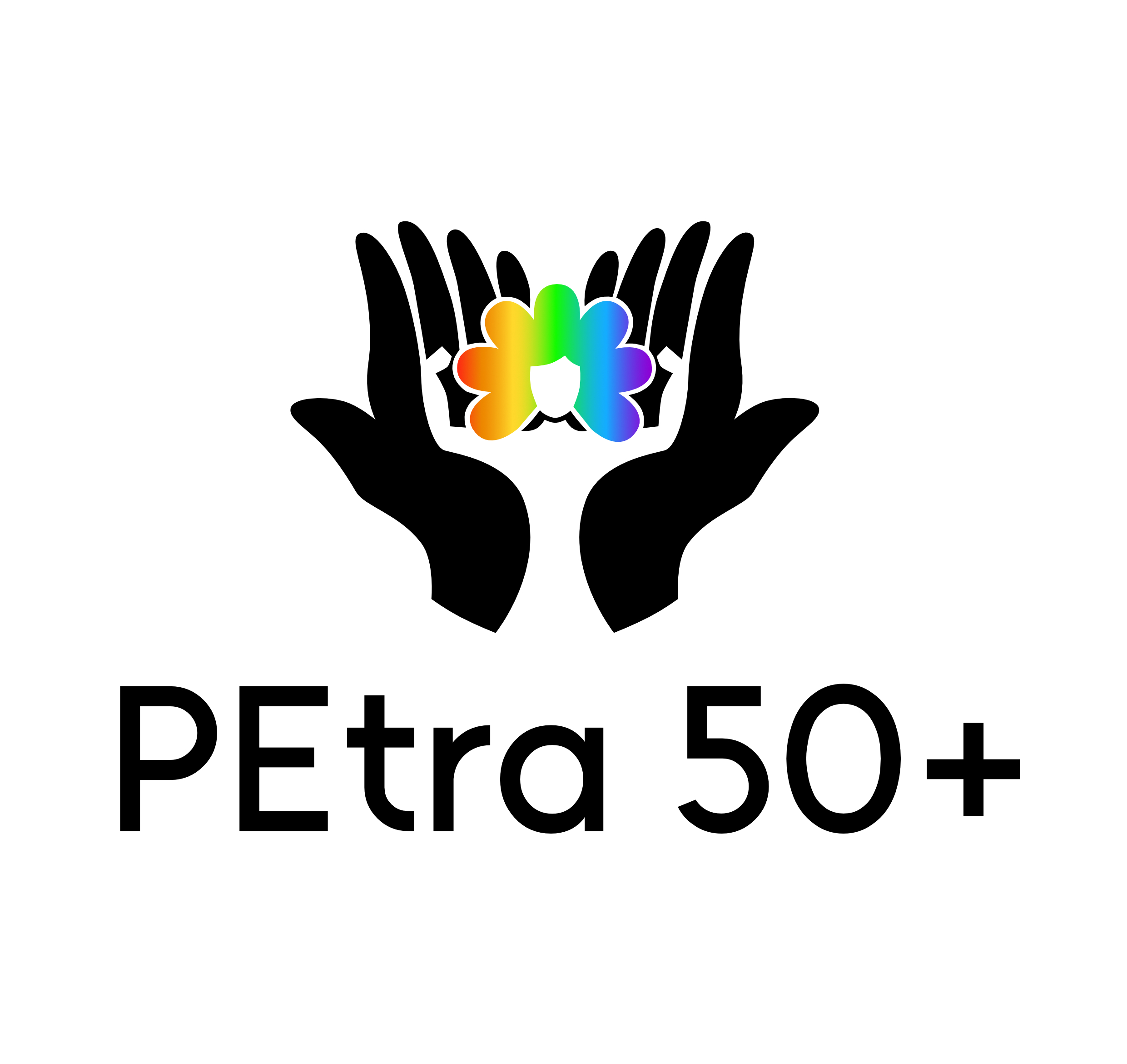 Vier schwarze, silhouettierte Hände umrahmen einen regenbogenfarbenen Schmetterling über einem schwarzen PEtra 50+ Text auf weißem Hintergrund.