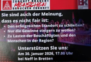 Ein Protestplakat in deutscher Sprache mit der Überschrift Zukunft braucht Menschen brauchen Zukunft. Darunter finden sich Fragen zur Fairness bei der Schließung eines erfolgreichen Standorts, zur Steigerung der Gewinne und zum Schaden der Anwohner, mit einem Aufruf zur Unterstützung einer Neff-Veranstaltung am 30. Januar 2026.