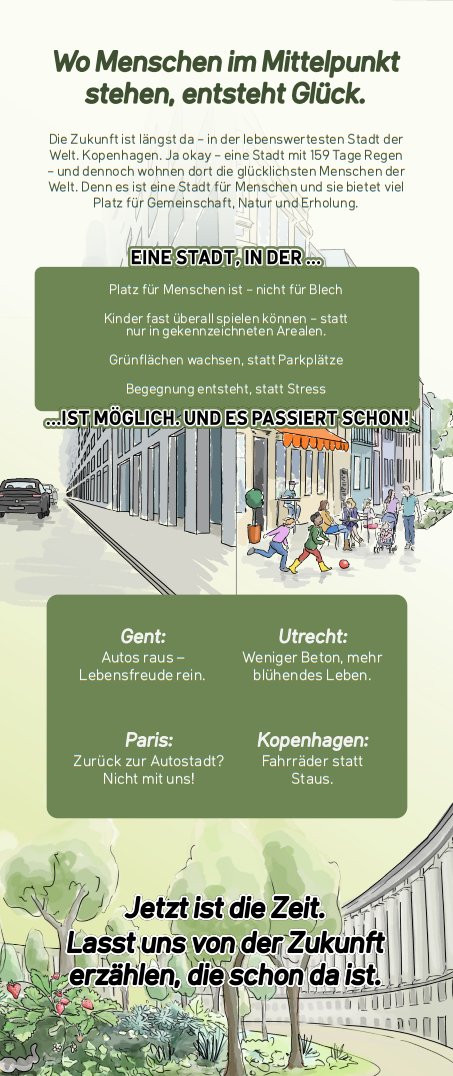 Roll-Up_gelingende-Geschichten©O4F Infografik mit Illustrationen einer lebenswerten Stadt: Menschen gehen, Rad fahren, Kinder spielen, Straßen sind begrünt. Text hebt Städte hervor, in denen weniger Autos ersetzt werden und mehr Raum für Menschen geschaffen wird.