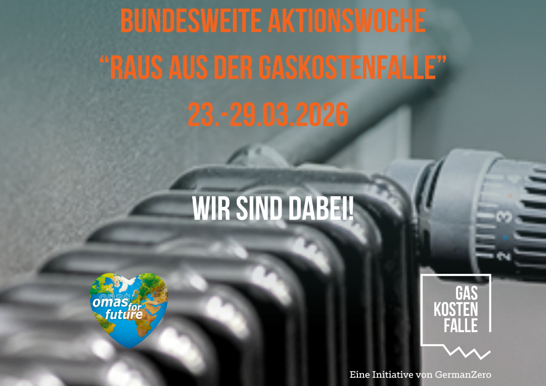 Nahaufnahme eines Heizkörpers mit überlagertem Text: Bundesweite Aktionswoche 'Raus aus der Gaskostenfalle' 23.-29.03.2026. Wir sind dabei! Auf dem Bild erscheinen die Logos von Omas for Future und Gaskostenfalle.