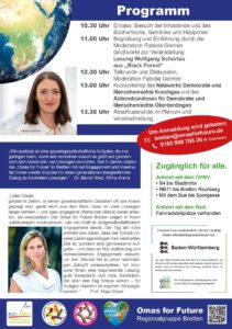 Flyerfoto Seite2 Bretten©O4F - Omas for Future Programmflyer zu einer Klima-Aktionsveranstaltung mit Vorträgen, Lesungen und Musik. Enthält Informationen zur Erreichbarkeit, Kontaktdaten und Bilder der Redner und Organisatoren der Regionalgruppe Omas for Future.