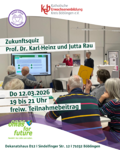 Eine Gruppe von Senioren nimmt an einer Quizveranstaltung in einem Klassenzimmer teil. Eine Frau steht an einem Projektor, andere sitzen an Tischen. Veranstaltungsdetails zu einem Nachhaltigkeitsquiz werden eingeblendet, darunter Datum, Uhrzeit und das Logo von Omas for Future.
