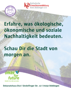 Ein Poster mit deutschem Text über Nachhaltigkeit, das ein grünes Gebäude mit Pflanzen zeigt. Oben und unten sind Logos und Kontaktinformationen für lokale Organisationen angegeben.