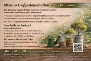 Informationsblatt, das die Bedeutung des Gießens von Bäumen in heißen Sommern erklärt, mit Abbildungen einer Gießkanne, eines jungen Baums in einem Topf und einer kleinen Topfpflanze, die an freiwillige Baumpfleger appelliert.