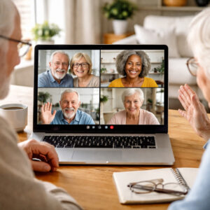 Zwei ältere Menschen sitzen an einem Tisch und winken auf einen Laptop-Bildschirm, der ein Videogespräch mit vier anderen lächelnden Senioren in separaten Fenstern zeigt. Eine Kaffeetasse und ein Notizblock stehen daneben.
