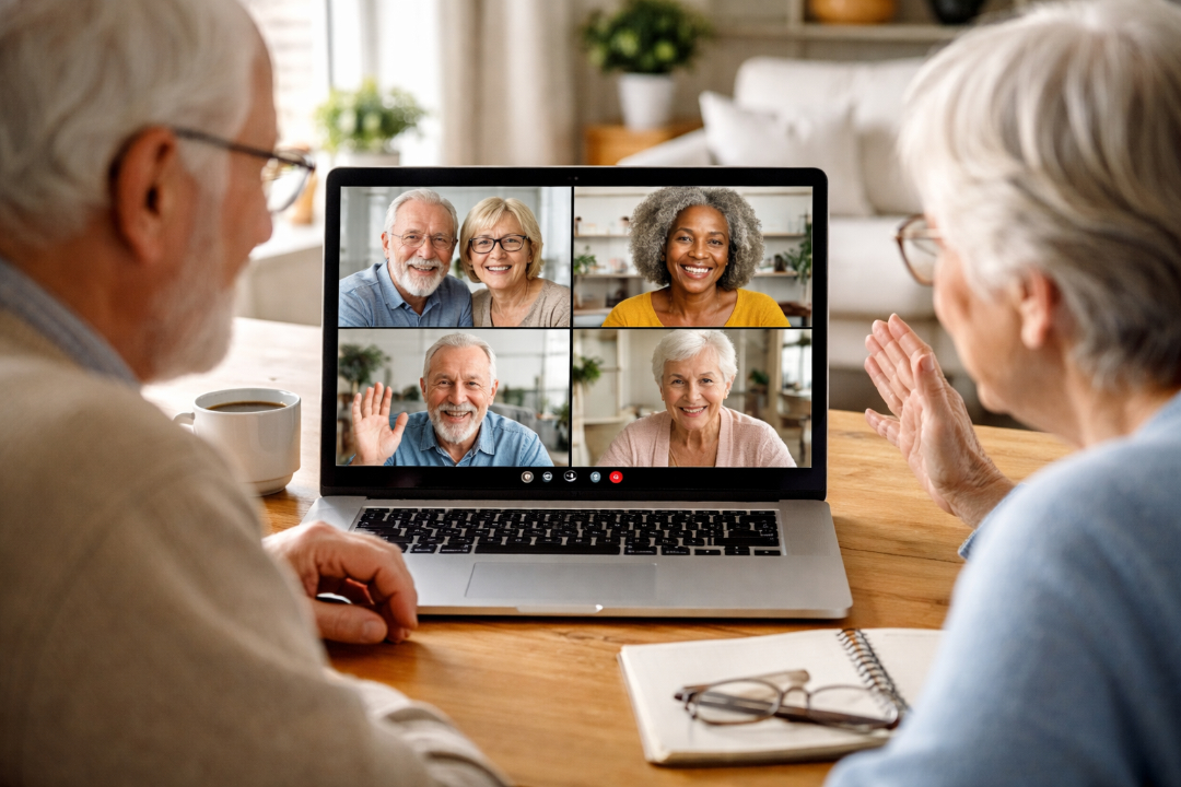Zwei ältere Menschen sitzen an einem Tisch und winken auf einen Laptop-Bildschirm, der ein Videogespräch mit vier anderen lächelnden Senioren in separaten Fenstern zeigt. Eine Kaffeetasse und ein Notizblock stehen daneben.