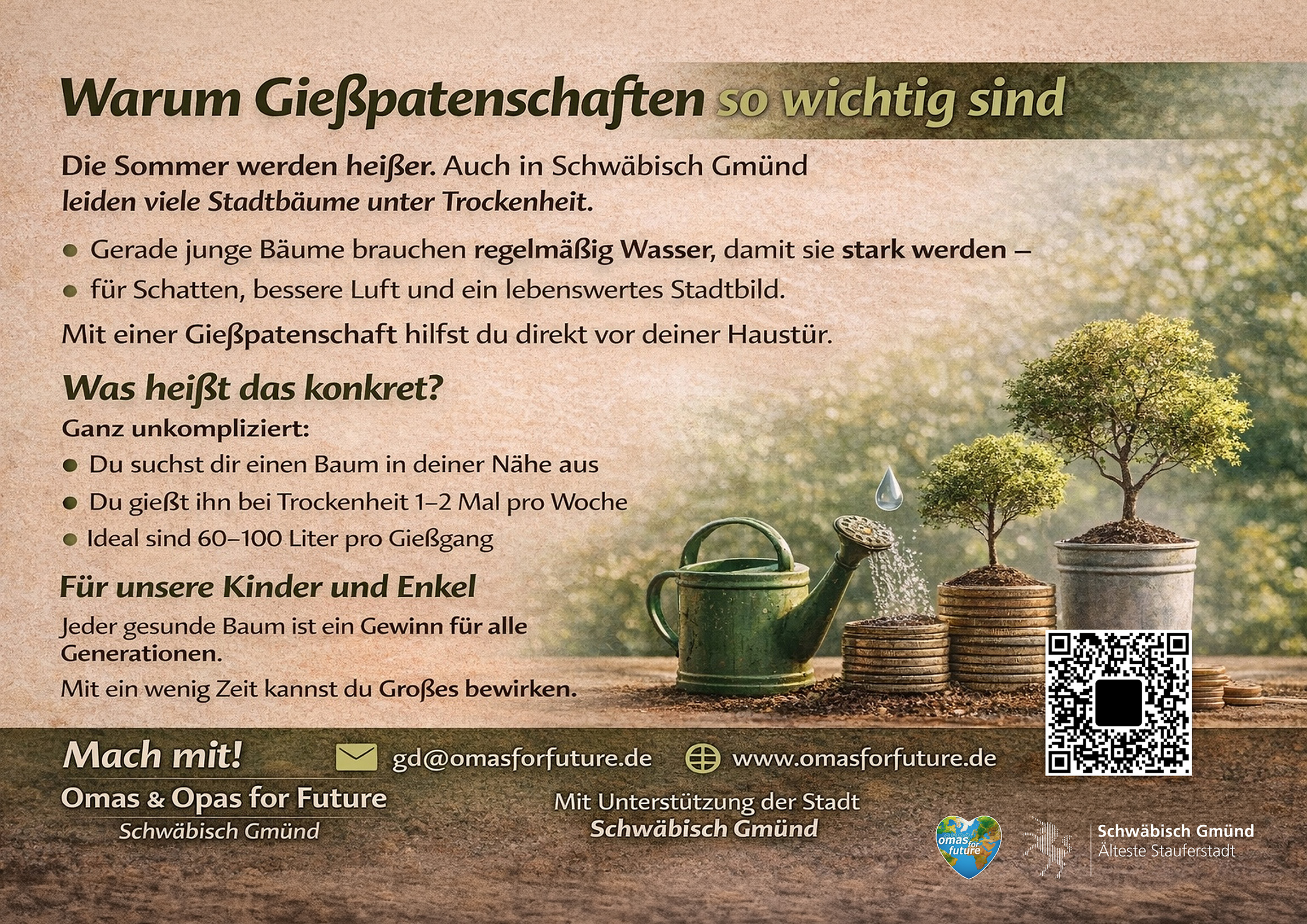 Informationsplakat auf Deutsch über die Bedeutung von Baum-Bewässerungspatenschaften, mit einer Gießkanne, einem kleinen Baum im Topf, einem ausgewachsenen Baum und einer Anleitung zur Teilnahme an der Initiative.
