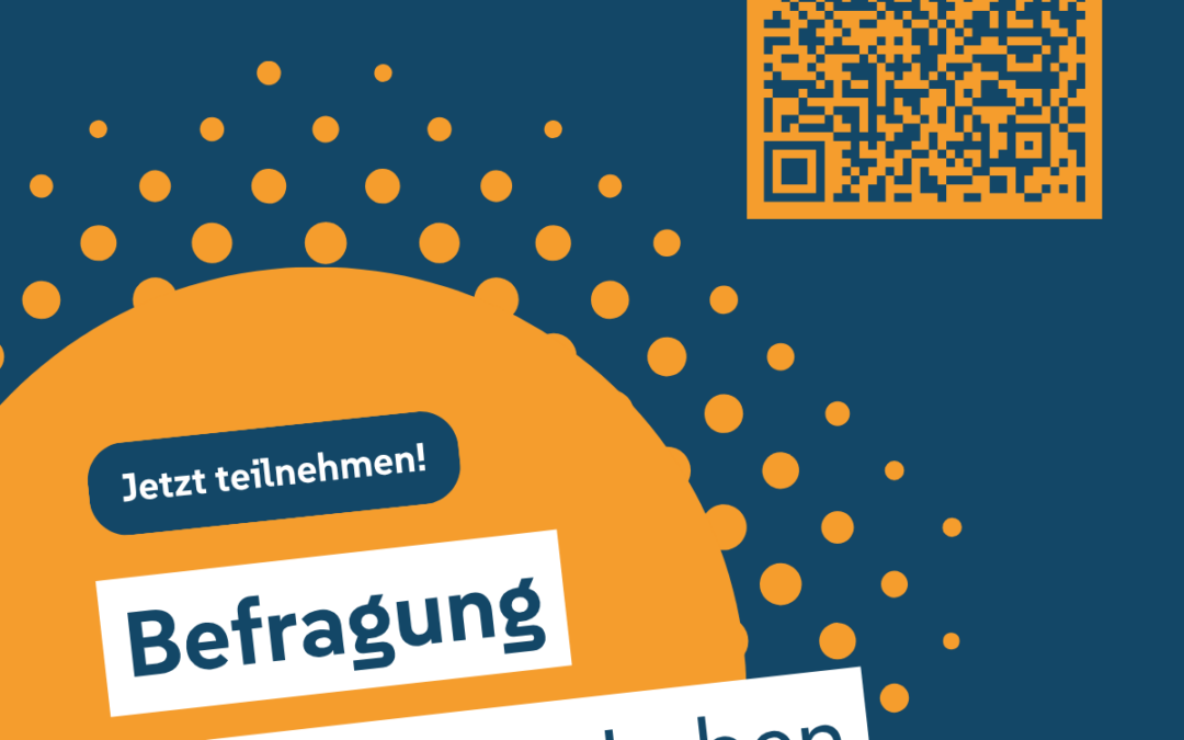 Plakat für das Festival „Gutes Leben Leipzig“ mit einem QR-Code und einem Text, der zur Teilnahme an einer Umfrage zum Thema „Gutes Leben“ einlädt, vor einem blau-orangefarbenen Hintergrund mit gepunkteten Kreisen.