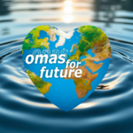 Design ohne Titel1 - Omas for Future Eine herzförmige Erde mit der Aufschrift „omas for future“ schwebt über plätscherndem Wasser und reflektiert das Sonnenlicht.