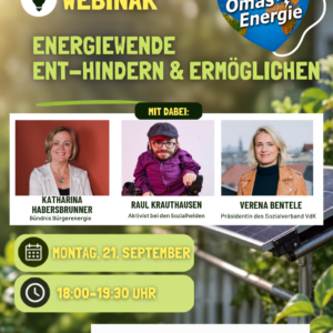 Sharepic ent hindern - Omas for Future Flyer zum Webinar „Energiewende: Hindernisse beseitigen & Möglichkeiten schaffen“ mit Fotos der drei Referenten, Angaben zu Datum und Uhrzeit sowie Kontaktdaten für die Anmeldung. Solarmodule und Naturhintergrund.