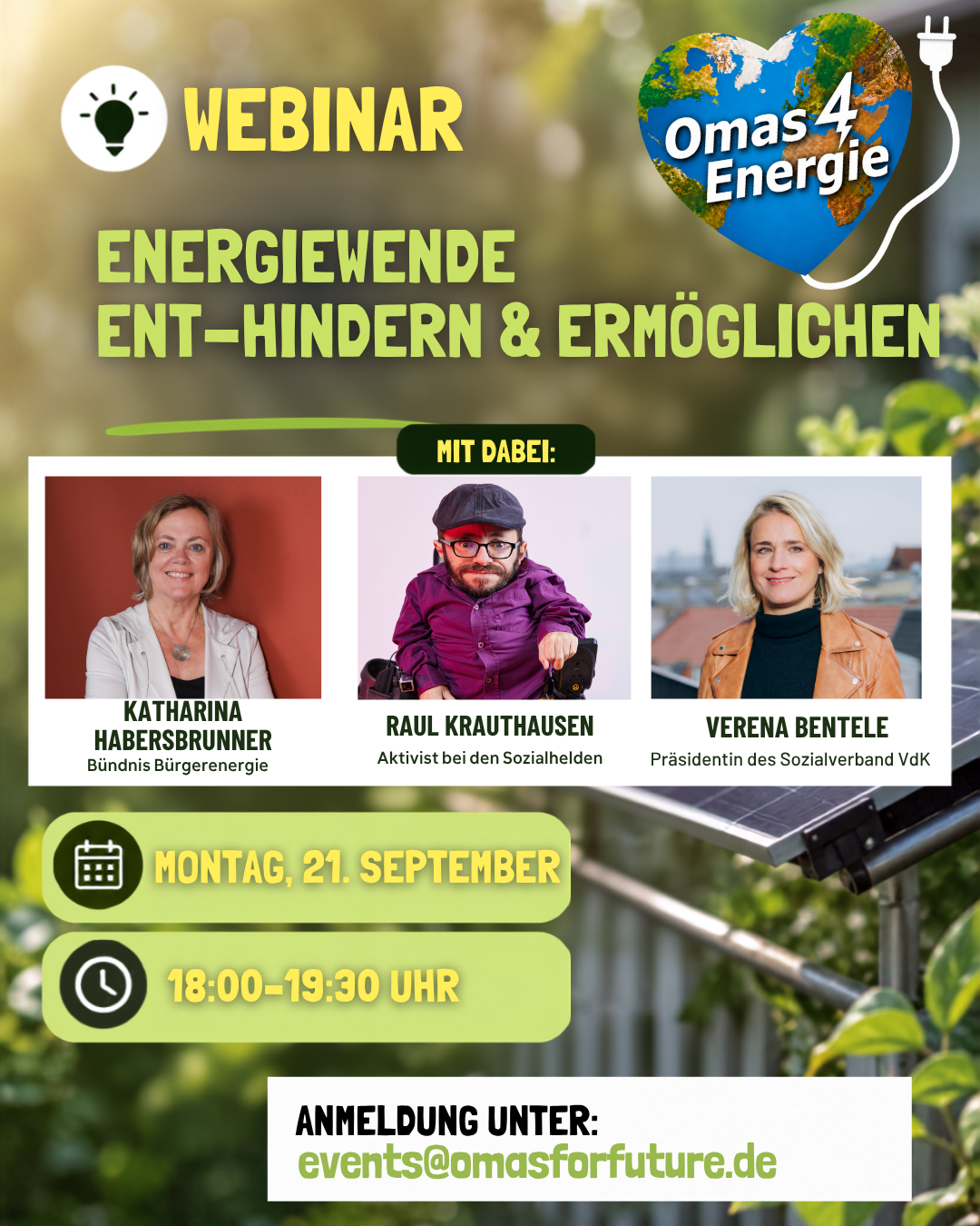 Flyer zum Webinar „Energiewende: Hindernisse beseitigen & Möglichkeiten schaffen“ mit Fotos der drei Referenten, Angaben zu Datum und Uhrzeit sowie Kontaktdaten für die Anmeldung. Solarmodule und Naturhintergrund.