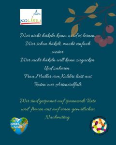Ein Veranstaltungsflyer für Kolibri zu einem Häkeltreffen mit Lesungen zum Thema Artenvielfalt, auf dem das Logo von Omas for Future zu sehen ist.