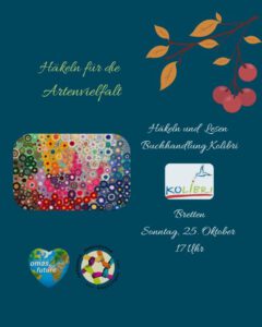 Veranstaltungsflyer für Häkeln für die Artenvielfalt in der Buchhandlung Kolibri in Bretten am Sonntag, den 25. Oktober, um 17 Uhr.