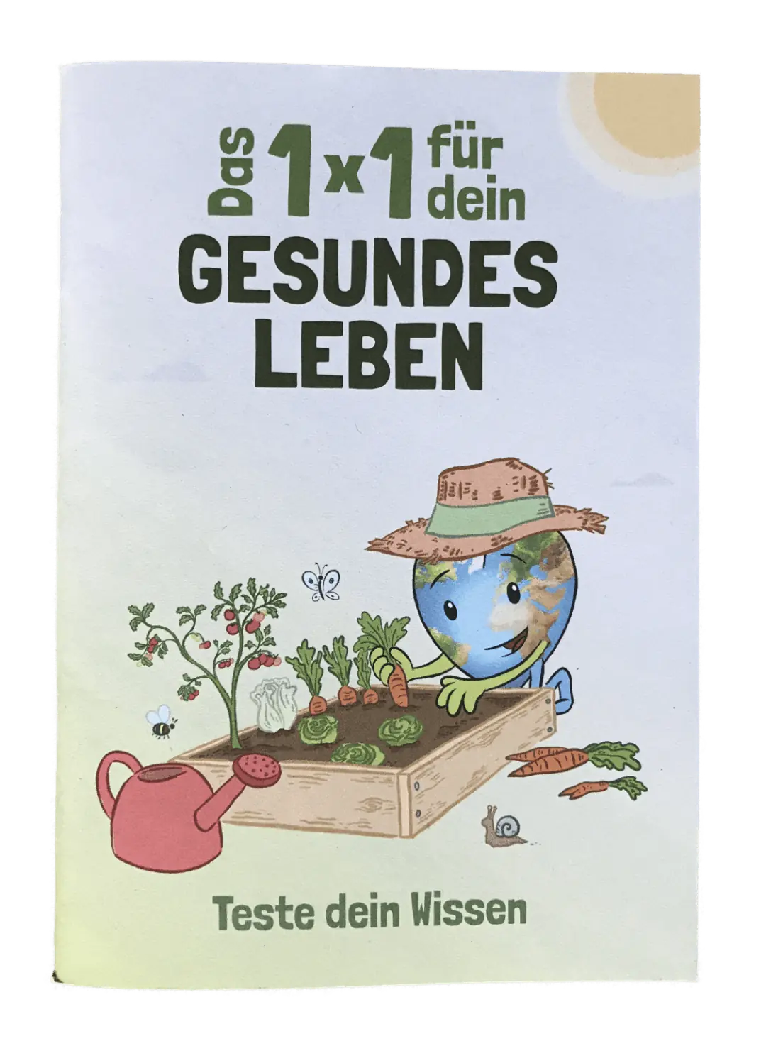 Quiz Gesundheit1 Eine Cartoon-Erde mit Strohhut kümmert sich mit einer Gießkanne und lächelnden Pflanzen um ein Gemüsebeet. Der deutsche Text lautet: Das 1x1 für dein gesundes Leben. Teste dein Wissen.