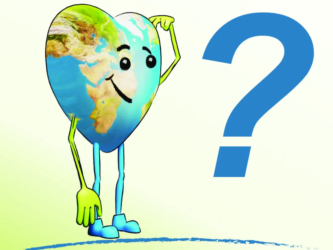 Eine herzförmige Erde mit einem lächelnden Gesicht, Cartoon-Armen und -Beinen steht neben einem großen blauen Fragezeichen auf hellem Hintergrund.