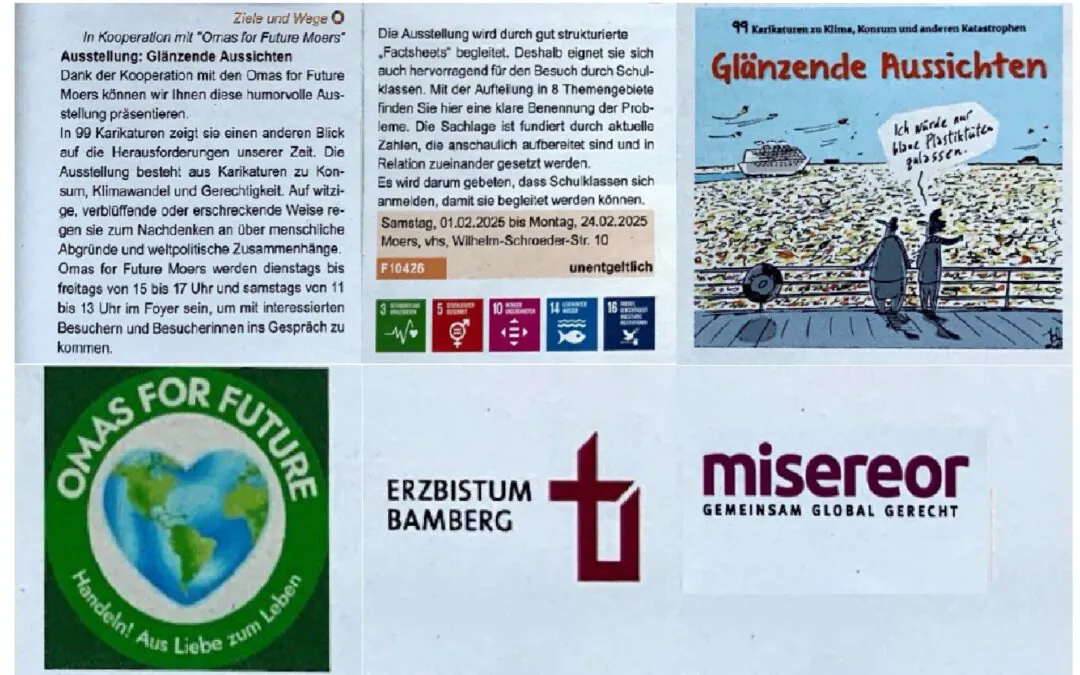 Ein Flyer wirbt für die Ausstellung Glänzende Aussichten im Foyer von VHS/Bibliothek Moers, mit Ausstellungshinweisen, Logos von Omas for Future, Erzbistum Bamberg, Misereor und einer Illustration von Menschen, die eine verschmutzte Stadt von einem Schiff aus betrachten.