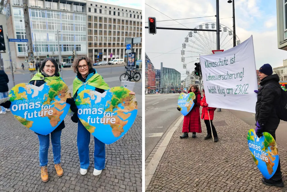 Zwei Fotos: Auf der linken Seite halten zwei ältere Frauen herzförmige Schilder mit der Aufschrift "Omas for Future" auf einer städtischen Straße. Rechts halten Demonstranten in der Nähe eines Riesenrads und anderer städtischer Gebäude ein Transparent zum Klimaschutz.