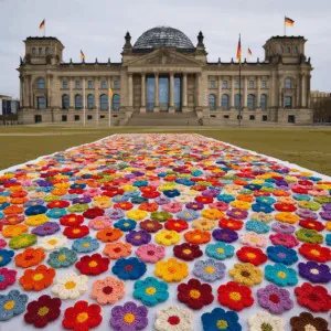 Eine farbenfrohe Häkelblume erstreckt sich über den Rasen vor dem historischen Reichstagsgebäude in Berlin. Auf dem Dach sind deutsche Fahnen zu sehen, und der Himmel ist bewölkt - eine künstlerische Note, die an die lebendige Jenaer Handwerkstradition erinnert.