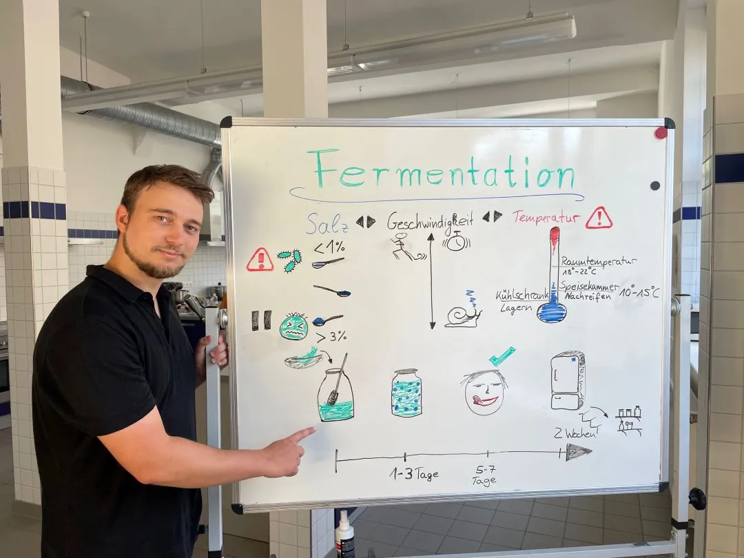 Ein Mann steht neben einer Tafel mit bunten Diagrammen zum Thema Gärung, darunter Gläser, Bakterien, Warnzeichen und eine Zeitleiste. Er zeigt auf die Abbildungen der Einmachgläser und blickt dabei in die Kamera in einem gekachelten Raum.