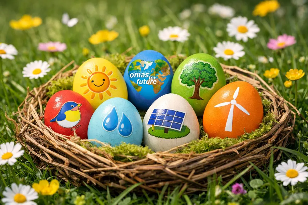In einem Nest im Gras liegen sieben bunte Ostereier, die mit verschiedenen umweltfreundlichen Symbolen bemalt sind, z. B. mit der Sonne, einem Baum, einem Vogel, Wassertropfen, einem Solarmodul, einem Windrad und einem Slogan für künftige Generationen.