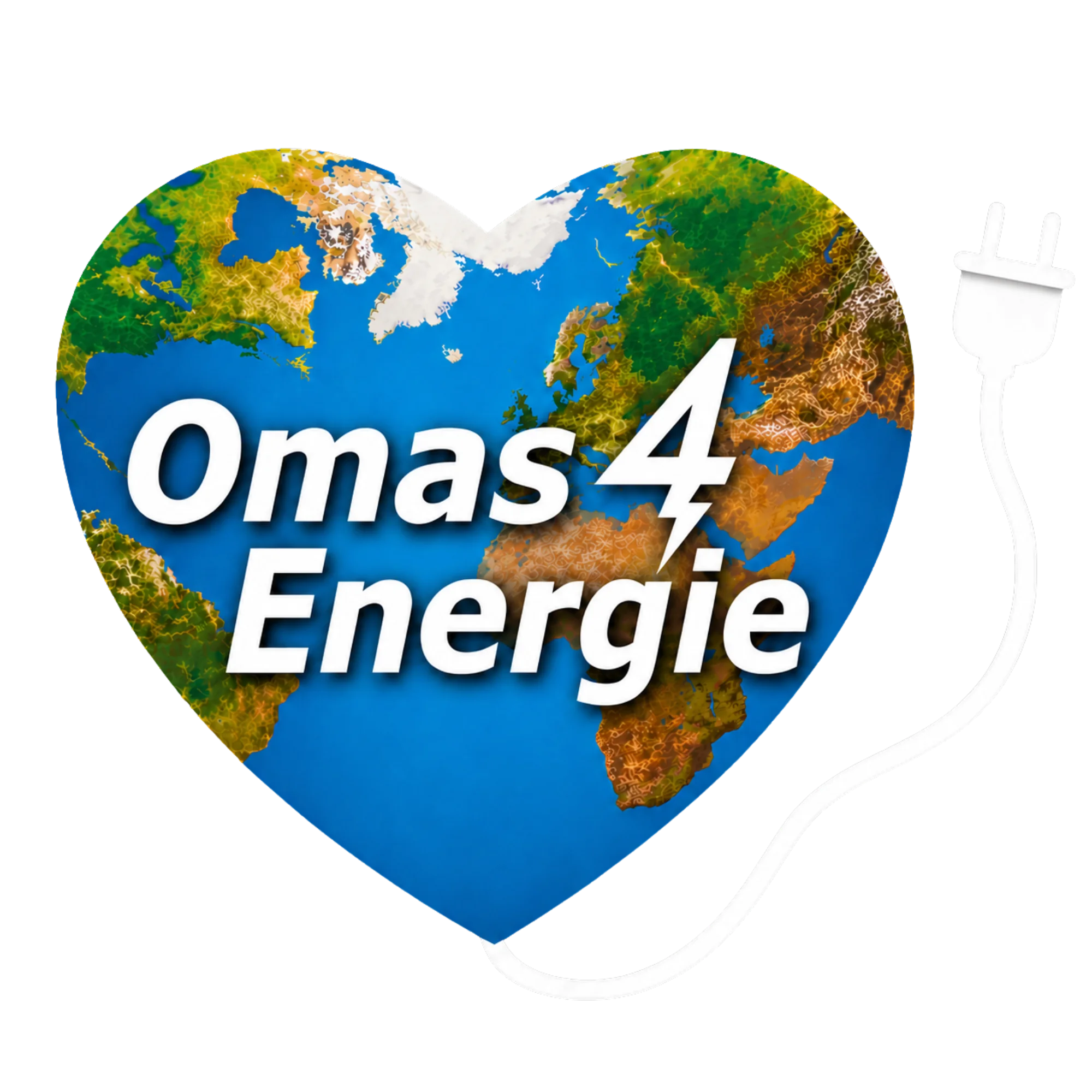 Ein herzförmiges Bild der Erde mit einem weißen Netzstecker und dem Text Omas 4 Energie in fetten weißen Buchstaben in der Mitte.